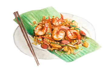 Malaysia fried flat noodles isolated on white background with watercolor style.