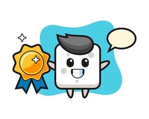 Sugar cube mascot illustration holding a golden badge