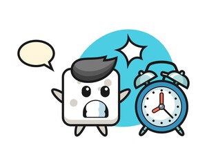 Cartoon illustration of sugar cube is surprised with a giant alarm clock