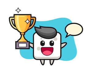 Cartoon illustration of sugar cube is happy holding up the golden trophy
