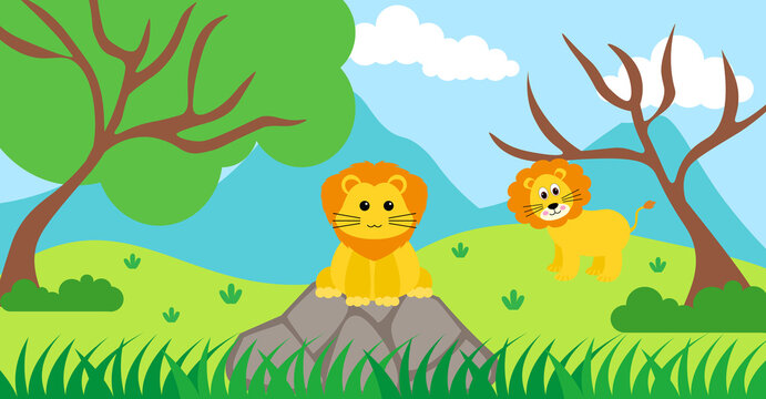 Lion Vector Cute Animals in Cartoon Style, Wild Animal, Designs for Baby clothes. Hand Drawn Characters