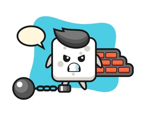 Character mascot of sugar cube as a prisoner