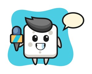 Character mascot of sugar cube as a news reporter