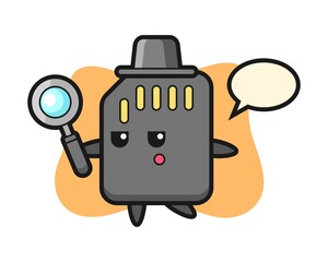 SD card cartoon character searching with a magnifying glass