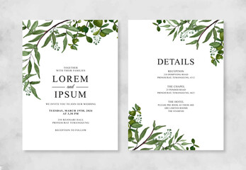Fototapeta na wymiar Minimalist wedding invitation template with Hand painted watercolor foliage