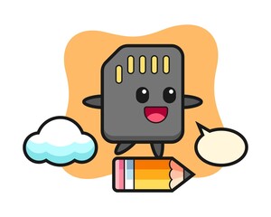 SD card mascot illustration riding on a giant pencil