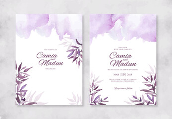 Wedding invitation template with watercolor leaves