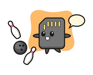 Character cartoon of SD card is playing bowling