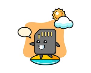 Illustration of SD card cartoon do surfing on the beach