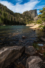 dramatic mountain peaks and bodies of water in Rocky Mountain national Park in Colorado.