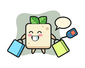 Tofu mascot cartoon holding a shopping bag