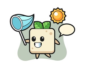 Tofu mascot illustration is catching butterfly