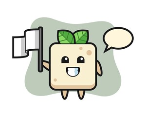 Cartoon character of tofu holding a flag