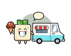 Mascot cartoon of tofu with ice cream truck
