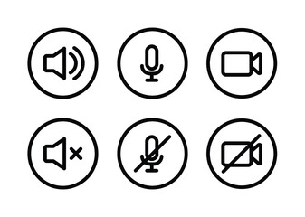 Speaker, Mic and Video Camera line icon set. Simple outline style for Video Conference, Webinar and Video chat. Microphone, audio, sound, mute, off concept. Vector illustration isolated. EPS 10.