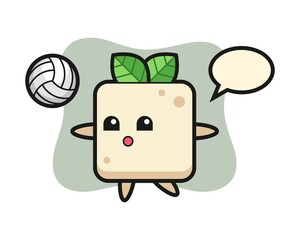 Character cartoon of tofu is playing volleyball
