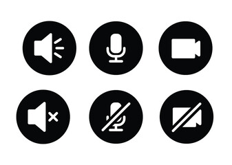Speaker, Mic and Video Camera glyph icon set. Simple solid style for Video Conference, Webinar and Video chat. Microphone, audio, sound, mute, off concept. Vector illustration isolated. EPS 10.