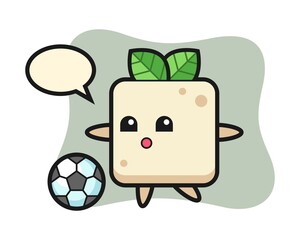 Illustration of tofu cartoon is playing soccer