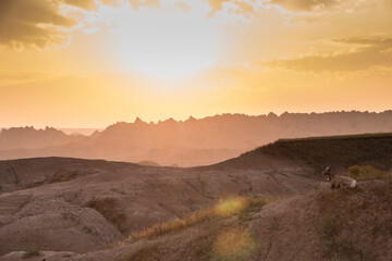 dramatic summer sunset in the Badlands national park in South Dakota.