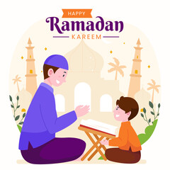 Ramadan kareem mubarak happy moslem family together reading quran during fasting with kids, children and parents, suitable for Greeting card, invitation and banner. flat vector illustration.