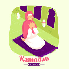 Ramadan kareem mubarak happy moslem family together praying during fasting with holy book, lantern and crescent moon, suitable for Greeting card, invitation and banner. flat vector illustration.