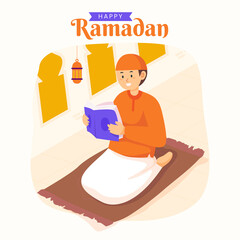 Ramadan kareem mubarak happy moslem family together reading quran during fasting with holy book, lantern and crescent moon, suitable for Greeting card, invitation and banner. flat vector illustration.