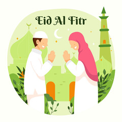 Ramadan kareem mubarak happy moslem family celebrating eid al fitr to all muslim, forgiving all mistakes, with kids children and parents. suitable for Greeting card, invitation and banner. flat vector