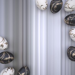 Easter holiday elegant background, painted eggs with gold pattern, place for text, top view. 3D illustration