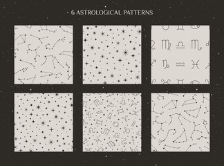 Set of Zodiac Constellations and Astrology Signs Seamless Pattern on the white background in Minimal Trendy Style. Vector Cosmic backdrops. Horoscope symbols textures.