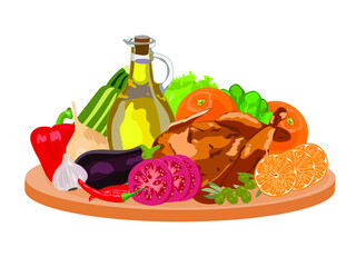 Still life of vegetables with olive oil, chicken and oranges. Vegetarian diet olives , tomatoes, lettuce, peppers, garlic, sweet peppers, eggplant, onions. Painting Mediterranean kitchen design showca