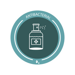 Antibacterial antiseptic for hand washing. Sticker. Spray. Information label, disinfectant. Medical alcohol sprays liquid. Prevention of the spread of bacteria and infection. Vector image.