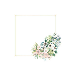 Square gold frame with small flowers of actinidia, bouvardia, tropical and palm leaves. Wedding bouquet in a frame for the design of a stylish invitation. Watercolour illustration.