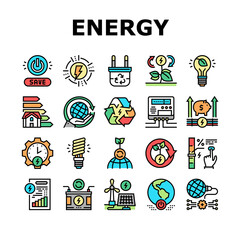 Energy Saving Tool Collection Icons Set Vector. Solar Panel And Electric Meter Energy Saving Equipment, Ecology Removal And Recycling Concept Linear Pictograms. Contour Color Illustrations