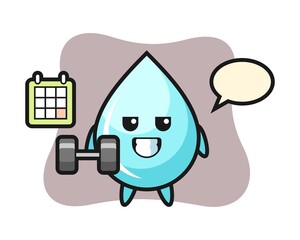 Water drop mascot cartoon doing fitness with dumbbell