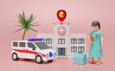 Hospital building and doctor with medical equipment and pin in pink composition ,Concept 3d illustration or 3d rendering