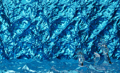 glass hand drowning in sea on blue composition ,abstract background ,Concept 3d illustration or 3d rendering