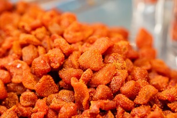 Close up Pile of Dried Strawberry, thai street food market