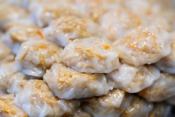 Fototapeta na wymiar Close up of Leek Stuffed Dough, Steamed Chinese Leek Dumpling, thai street food market