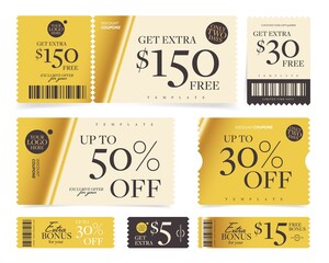 Money value or percentage discount bonus coupon template set. Get extra prize 150, 30, 15, 5 dollar free and 50 percent price off ticket vector illustration isolated on white background - obrazy, fototapety, plakaty