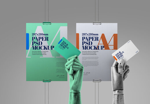 Hanging Mockup - A4, Flyer, Poster, Wooden Hand, Business Card