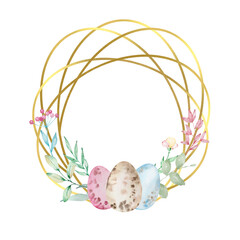 Watercolor Easter wreath with golden circles. Easter eggs, branches, leaves