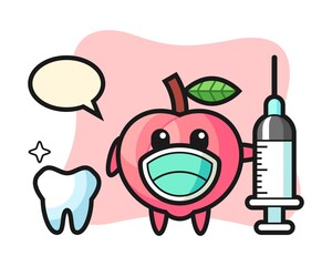 Mascot character of peach as a dentist