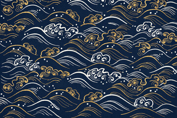 Blue wave pattern background, featuring public domain artworks