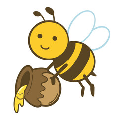 Illustration of a cute bee character holding a jar of honey. Vector illustration on white background.