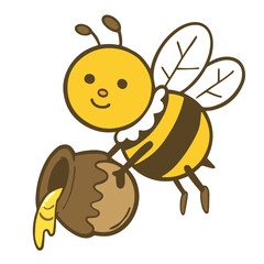 Obraz premium Illustration of a cute bee character holding a jar of honey. Vector illustration on white background.