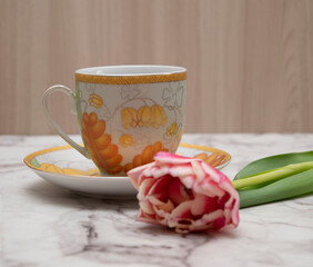 cup and saucer with golden patterns on a light background. in the foreground is a tulip