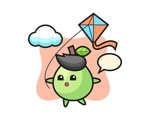 Guava mascot illustration is playing kite