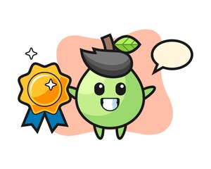 Guava mascot illustration holding a golden badge