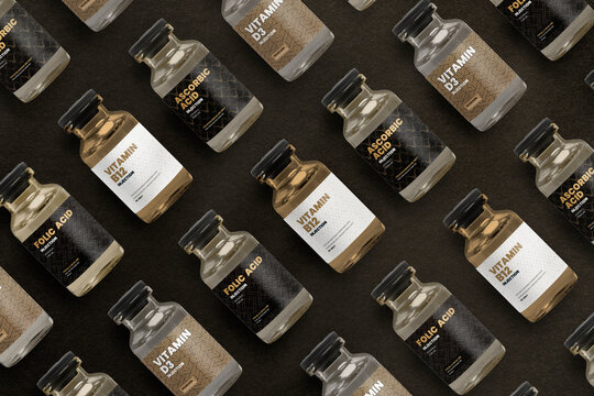 Vitamin injection glass bottles with luxurious patterned labels