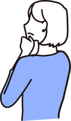 斜め上を向いて顎に手を置いて考え込んでいる女性